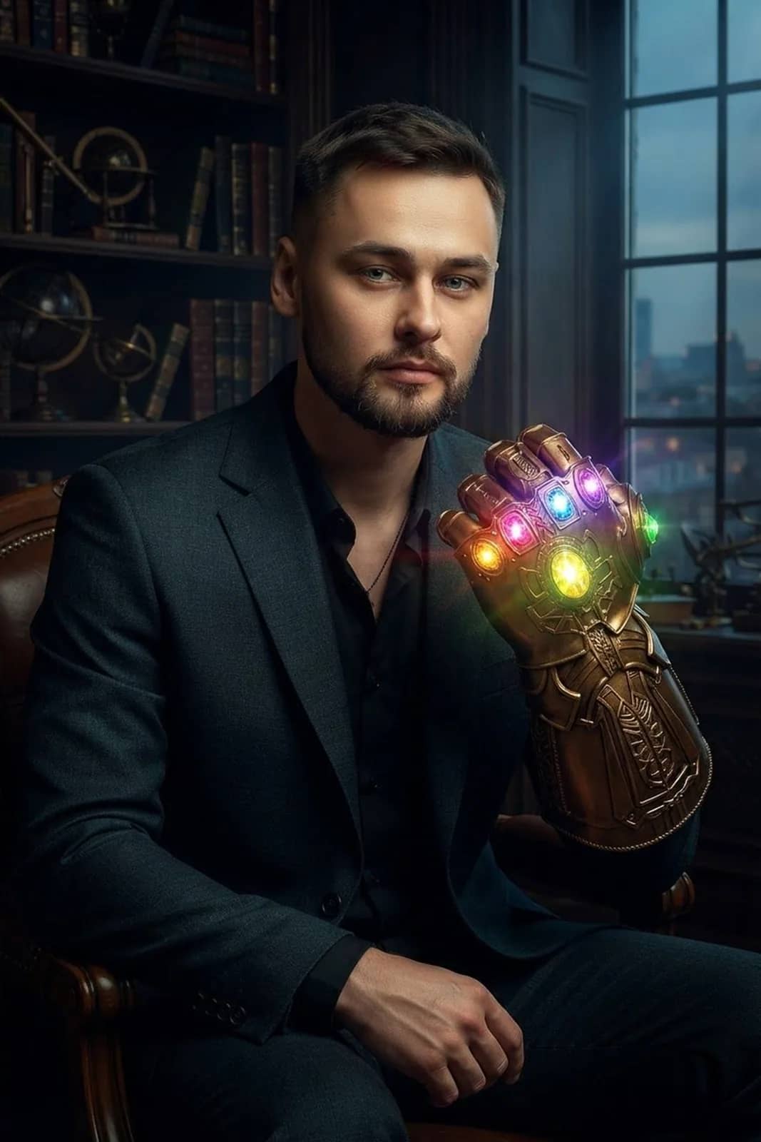 Портрет чоловіка в костюмі з Рукавицею Нескінченності Marvel