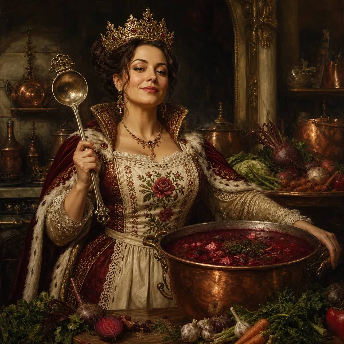 Портрет женщины-королевы в дворцовой кухне с большим казаном